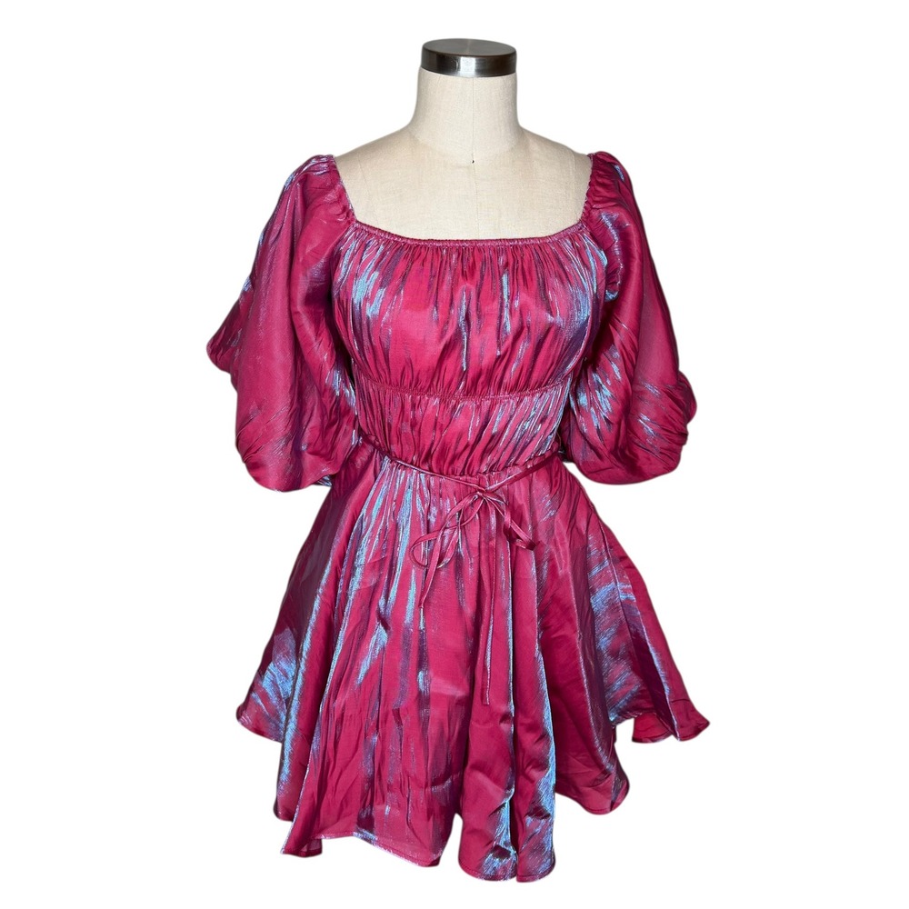 ALTAR'D State Amabella Puff Sleeve Iridescent Pink Blue‎ Shimmer Mini Dress Med